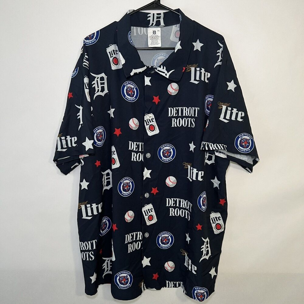 Detroit Tigers X Miller Lite Beer Hawiian Shirt Mens Size XXL 2XL Button Up Blue
